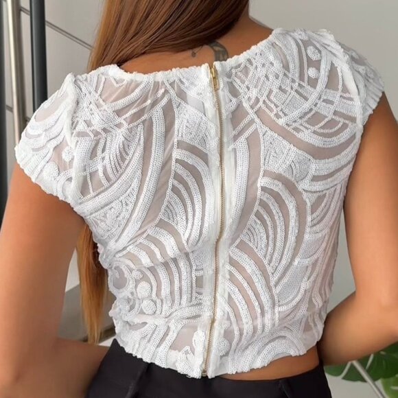 White Sequin Crop Top – One Size (Size Small) - Picture 3 of 4